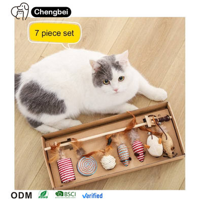 Mèo Teaser Chơi mèo đồ chơi tương tác Set hộp quà gỗ 7pcs Mèo Teaser Wand cho mèo